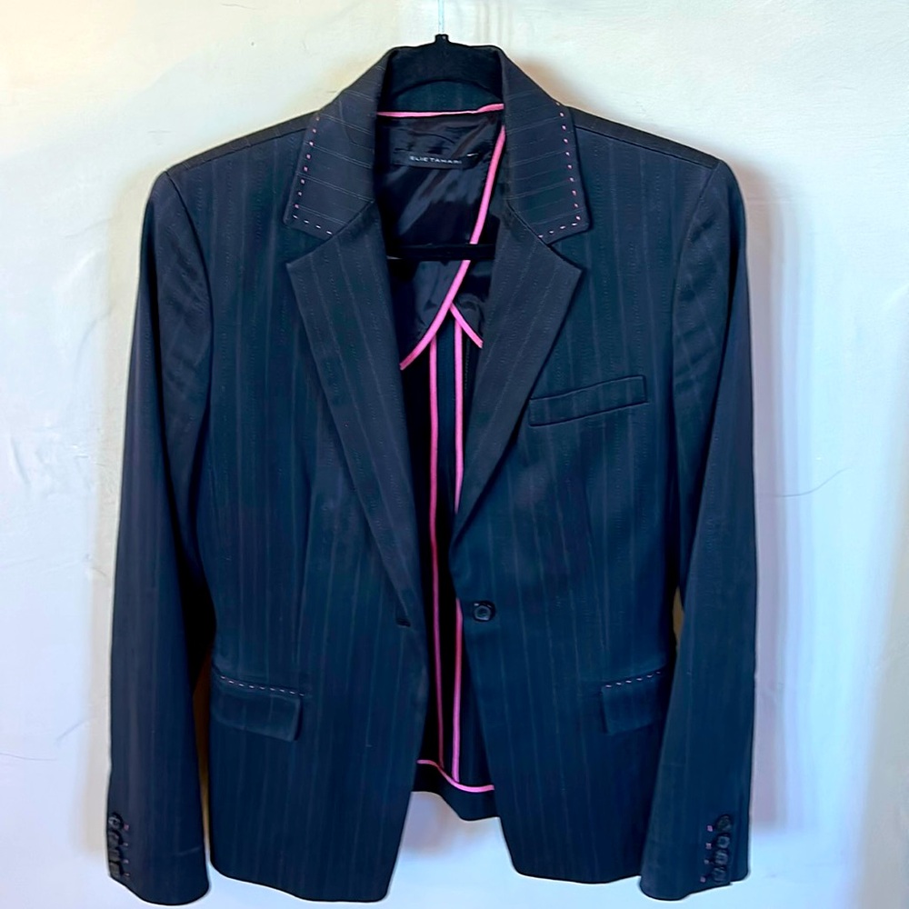 Beautiful Tahari suit jacket with pink stitching and very light pinstripe.